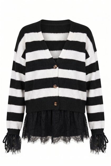 Striped Lace Cardigan with Ruched Sleeves