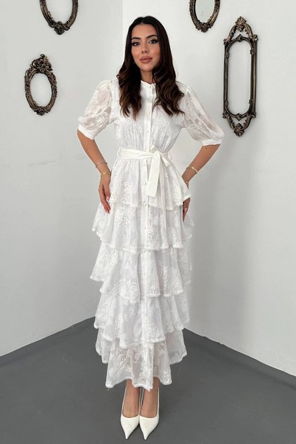 Women's Ecru Layered-Patterned Lined Dress