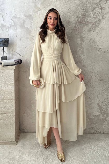 Women's Beige-Lined Dress with Layered Details