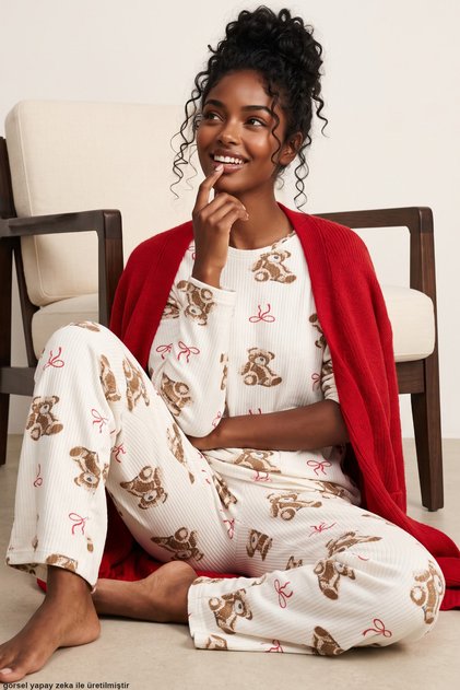 Soft-Textured Winter Corded Fabric Knit Pajama Set with Teddy Bear Print 8100