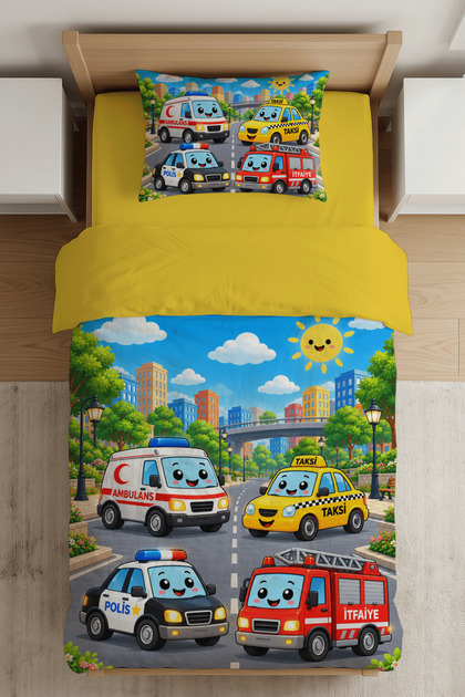 Cheerful City Vehicles Pattern Digitally Printed Single-Size Children's Duvet Cover Set - Without a Bed Sheet