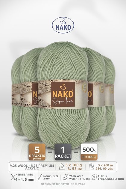 Super Pearl • Pastel Green (292) • 5-Pack × 100 Gr / 260 m • Wool Blend Hand Knitting Yarn • Scarf, Sweater