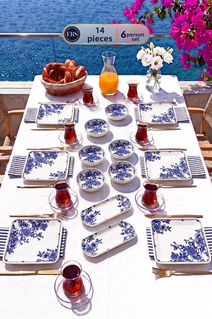 Royal Blue Antique 14 Piece Square Breakfast Set for 6 People, Luxury Breakfast Set