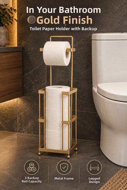 Mat Gold Stand with Backing, Stainless Steel Premium Series Toilet Paper Holder, Hanging Toilet Paper Dispenser.