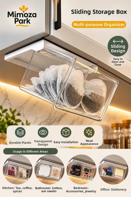 Sliding Drawer Multi-Purpose Organizer 10X15X8.5 cm - Bathroom Kitchen Under-Shelf Organizer 1 Piece