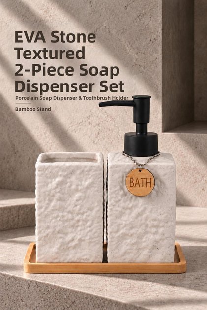 Eva 350 ml Porcelain Liquid Soap Dispenser and Toothbrush Holder with a Natural Stone Look and Bamboo Tray, Cream Color