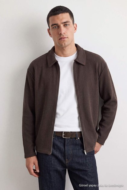 Kahverengi Regular Kesim Waffle Dokulu Polo Yaka Fermuarlı İnce Hırka/Sweatshirt TMNAW27SW00015