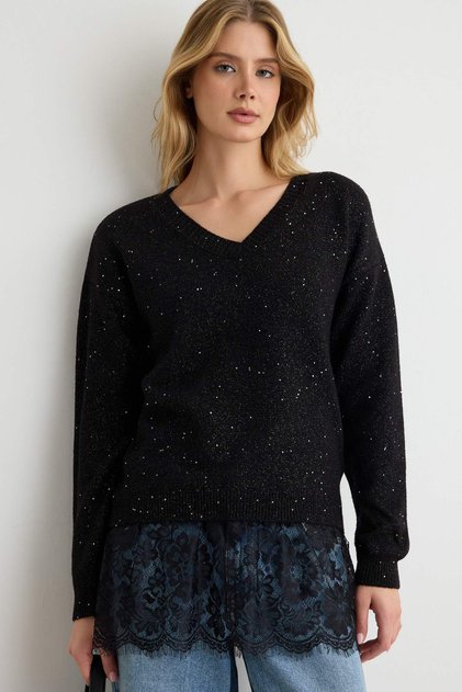 Black Sequined Skirt Hem Lace Trim Knitwear Sweater Twoaw27Kz00153