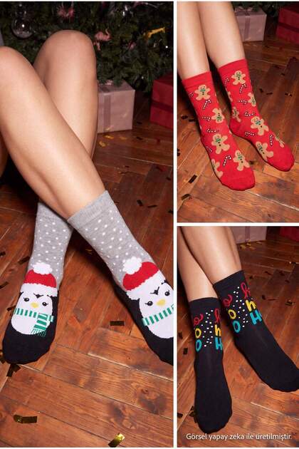 Black-Multicolor 3-Piece Cotton Blend Christmas Themed Jacquard Knitted Socks Thmaw27Co00049