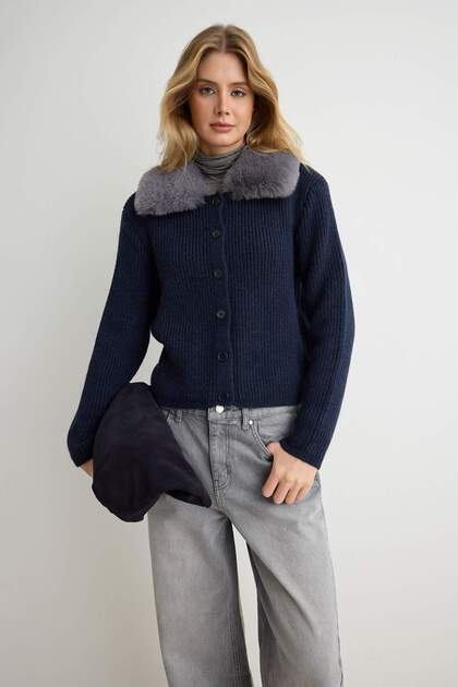 Navy Blue Fur Collar Plain Knitwear Cardigan Twoaw27Hi00249