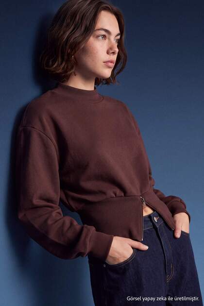 Brown Thick Fleece Inside, Fitted Waist, Zippered, High Collar, Oversize Knitted Sweatshirt Twoaw27Sw00012