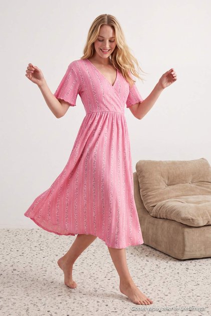 Pink 100% Cotton Floral Pointel/Ribbed Knitted Nightgown Thmaw27Gc00042