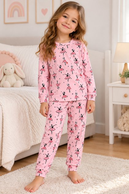 Girl's 100% Cotton Pink Ballerina Print Long Sleeve Winter Pajamas Set