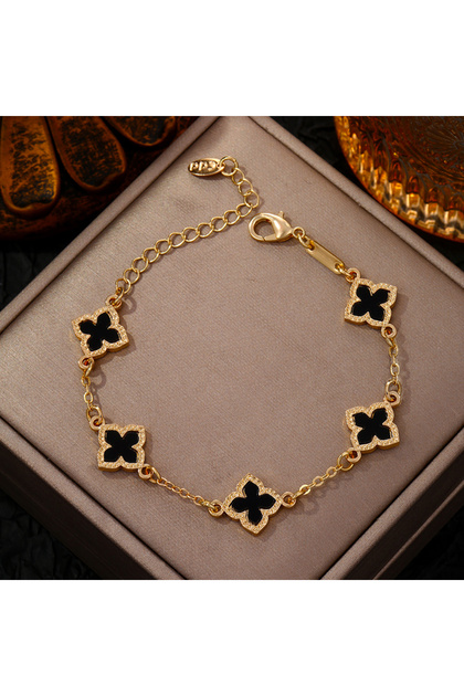 Black Luxury Vintage Rhinestone Four Leaf Clover Bracelet for Women Girls Fashion Five Leaf Flower W