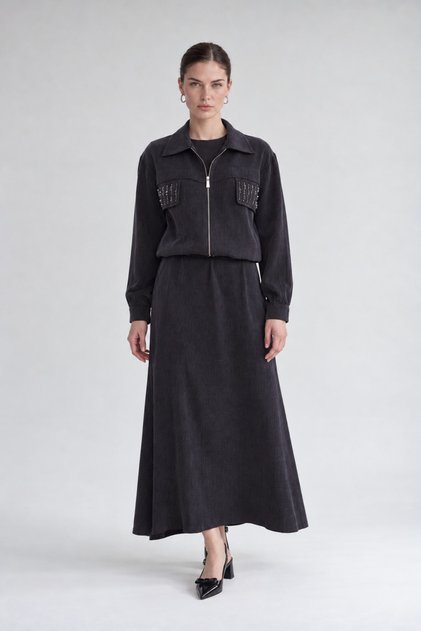 Stone Detailed Zippered Jacket Set Black
