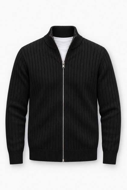 Marlow Anti-Peeling Anti-Pilling Ribbed Stand Collar Zippered Men's Knitwear Cardigan - Black