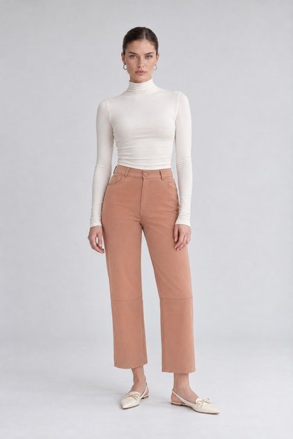 Camel Spliced ​​Design Straight Leg Trousers
