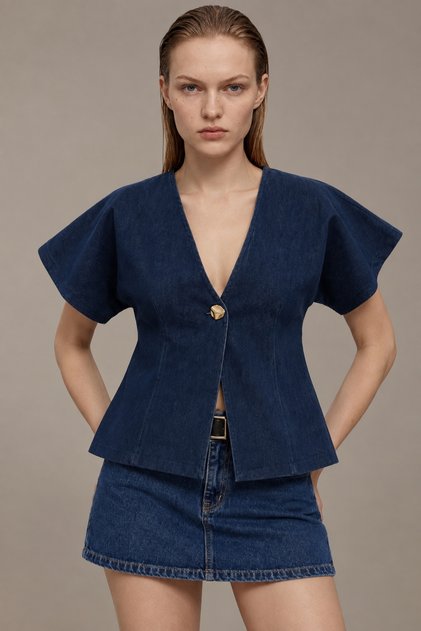 Düğme Detaylı V Yaka Asimetrik Denim BLUZ