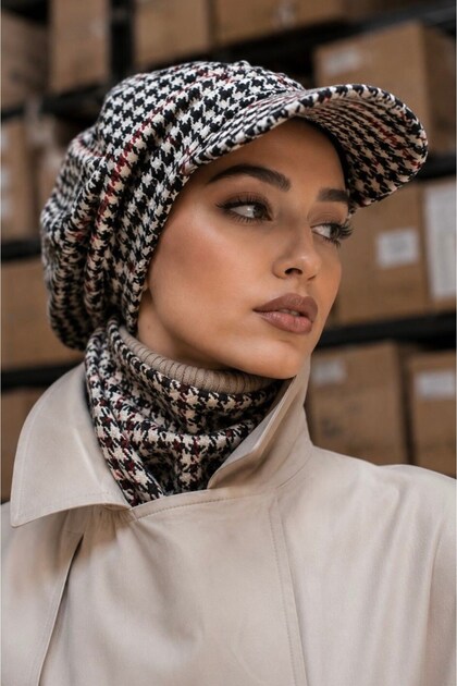 Red Houndstooth Gathered Hijab Hat