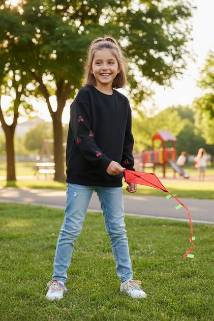 Girl's Sweatshirt with Cherry Embroidery on the Sleeves