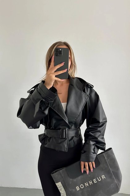 Women Sleeve Belt Detail Stylish Leather Jacket