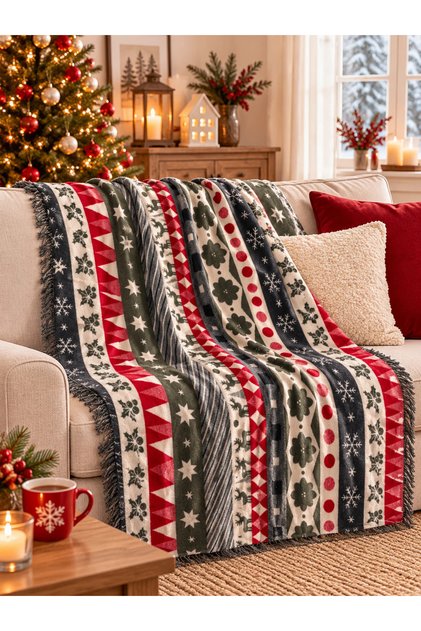 Nordic Geometric Patterned Cotton Tassel Double Blanket 180X200 cm