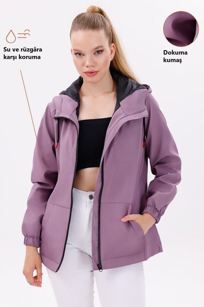 Sports Women's Plum Lined Waterproof and Windproof Hooded Raincoat with Pockets - Windbreaker