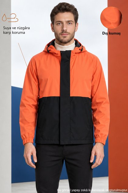 Men's Orange Black Hooded Zippered Waterproof Raincoat - Windbreaker