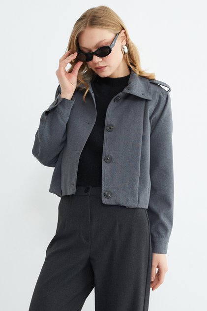 Buttoned Shirt Collar Pleated Trench Coat