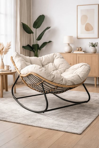 Modern PE Rattan Rocking Chair with Cushion Outdoor Indoor Lounge Chair