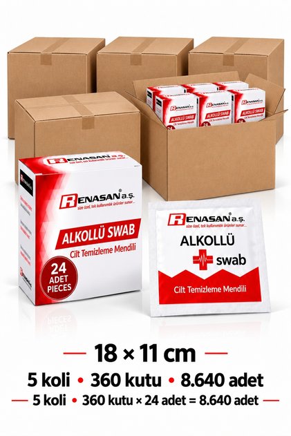 Alkollü Swab Cilt Temizleme Mendili 18x11 cm 24lü 5 Koli 360 Kutu Cilt Temizleme ve Dezenfektan Mendil