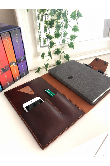 (İSİM YAZIYORUZ) Hakiki Deri Organizer - Defter & Kalem Hediyeli - El Yapımı