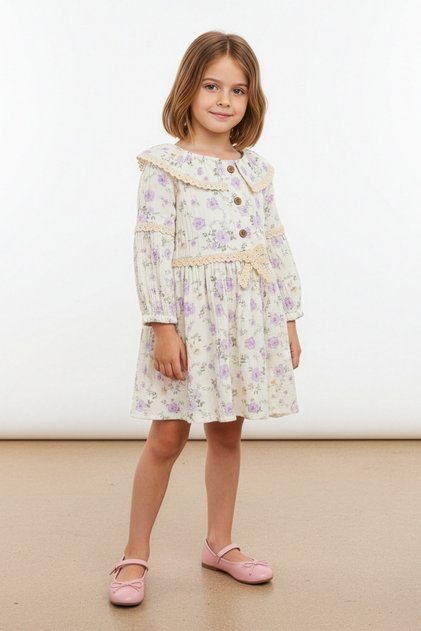100% Cotton Lace Peter Pan collar Girls' Dress