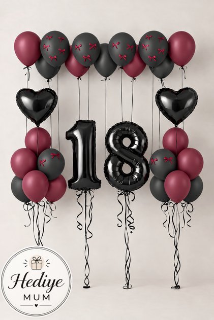 Bordo Kurdeleli Cherry Konsept Yaş Seçenekli Rakam Balonlu Doğum Günü Mumlu Balon Seti