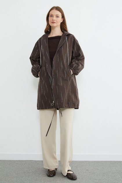 Stone Detailed Hooded Zipper Trench Coat