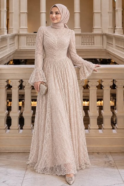 Lace Beige Hijab Evening Dress 56561Bej