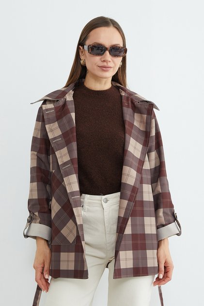 Plaid Patterned Belted Trench Coat