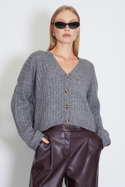 Buttoned V-Neck Knitted Cardigan