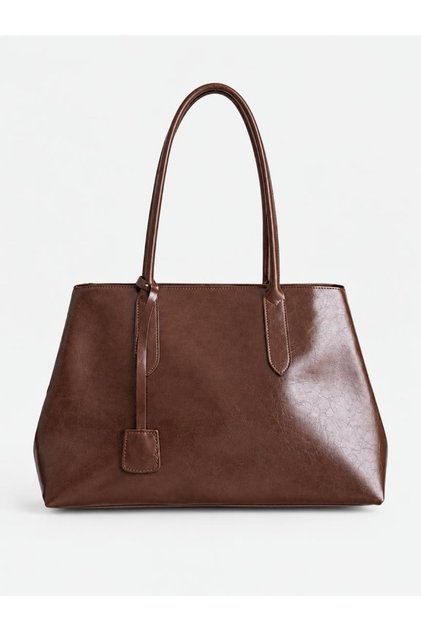 Women's Brown Eda Model Shiny Leather Shoulder Bag with Accessory Detail - Zippered