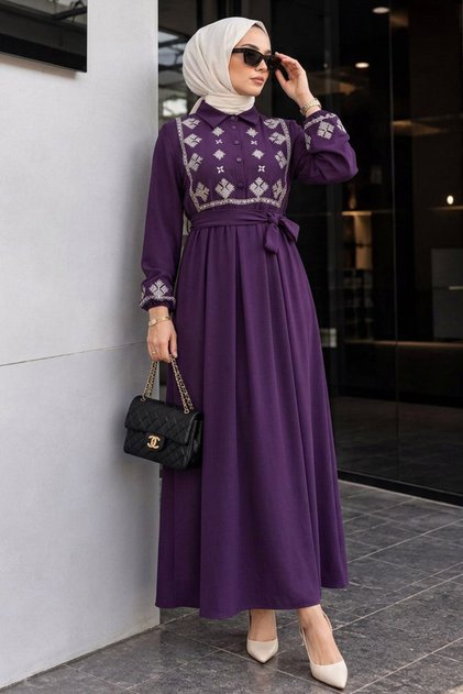 Purple Hijab Dress with Pattern Detail 10317Mor