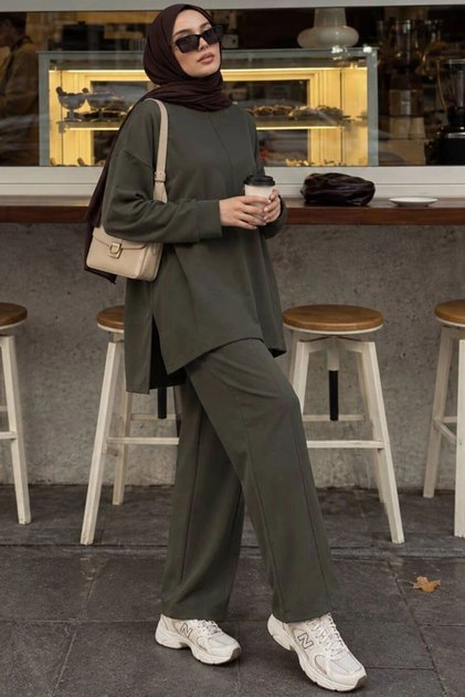 Crew Neck Relaxed Fit Oysho Fabric Khaki Hijab Pants Set 3133Hk