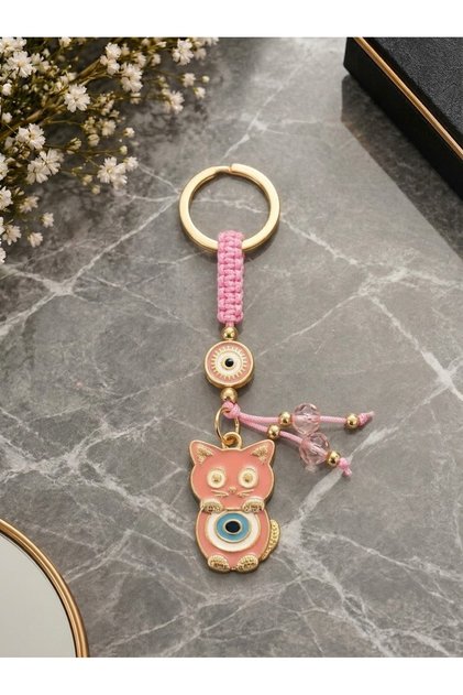 Pink Cat Metal Keychain, Luck Keychain, Metal Evil Eye Bead Keychain