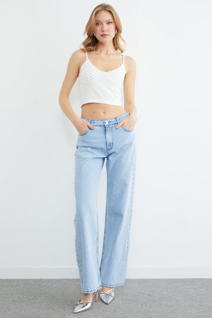 Stone Embellished Palazzo Jeans