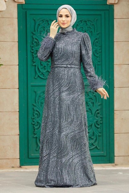 Silvery Anthracite Hijab Evening Dress 2323Ant