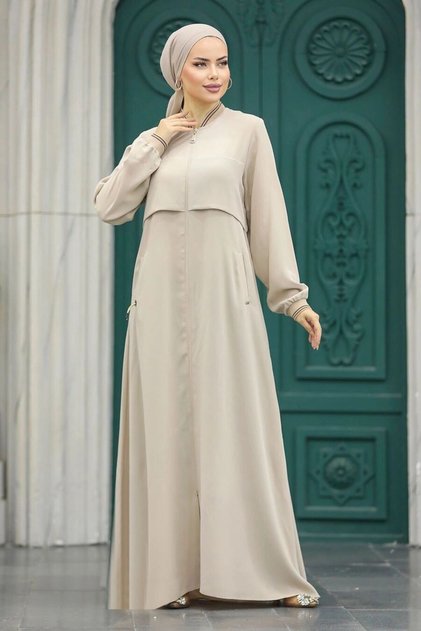 Zippered Beige Hijab Ferace 20075BEJ
