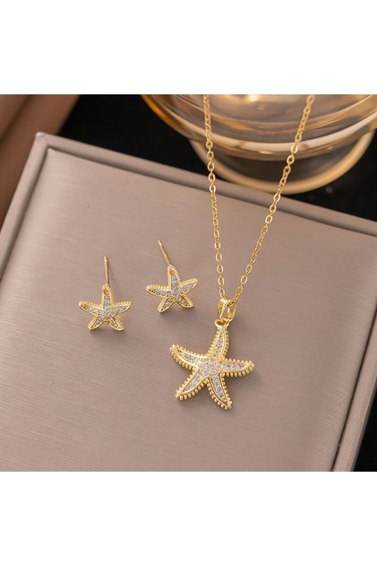 NY0228 Stainless Steel Golden Inlaid Zircon Starfish Ocean Style 2pc Necklace Earrings Set Lady Fash