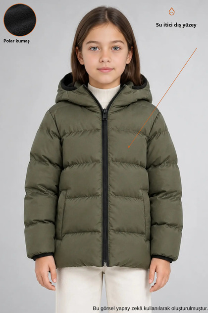 Girl's Khaki Fleece Inside Furry Hooded Waterproof Wind Resistant Inflatable Winter Jacket Coat