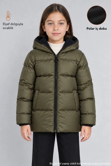 Girl's Khaki Fleece Inside Hooded Waterproof Wind Resistant Pocket Puffer Winter Jacket