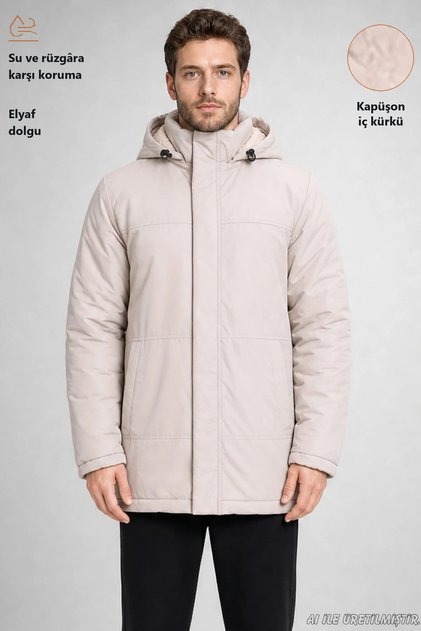 Men's Stone Fleece Shearling Detachable Hood Water and Windproof Hooded Winter Coat & Jacket & Parka