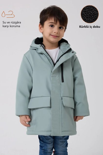 Boy's Mint Green Fur Lined Water & Windproof Hooded 3-Pocket Winter Coat & Parka